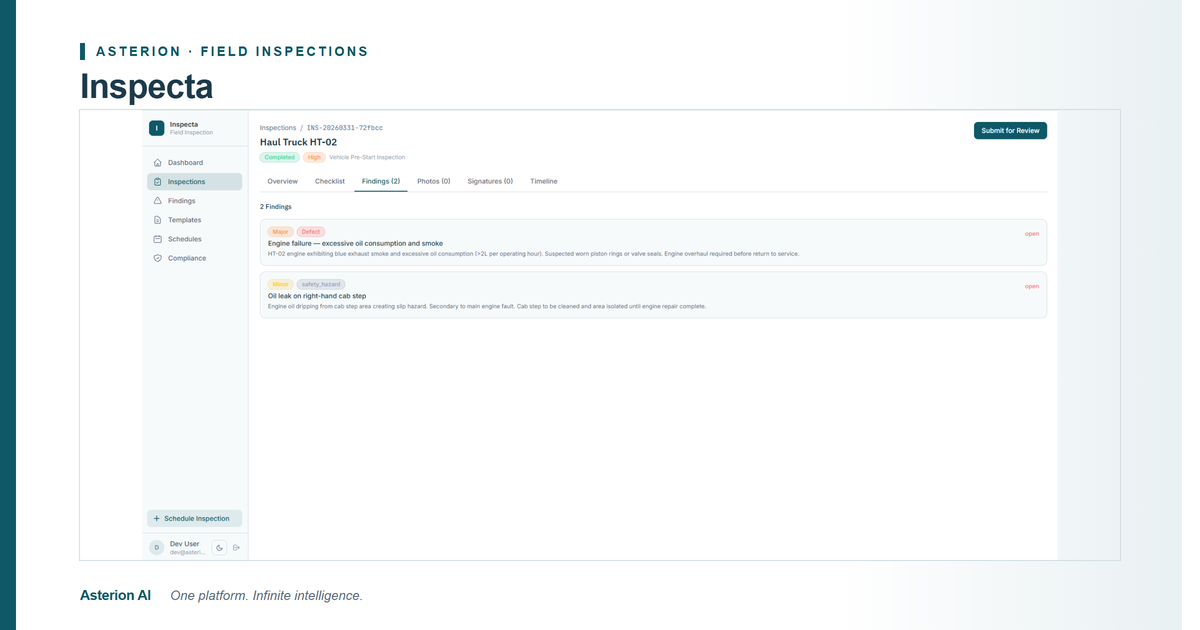 Inspecta product interface — Inspection & Integrity Management